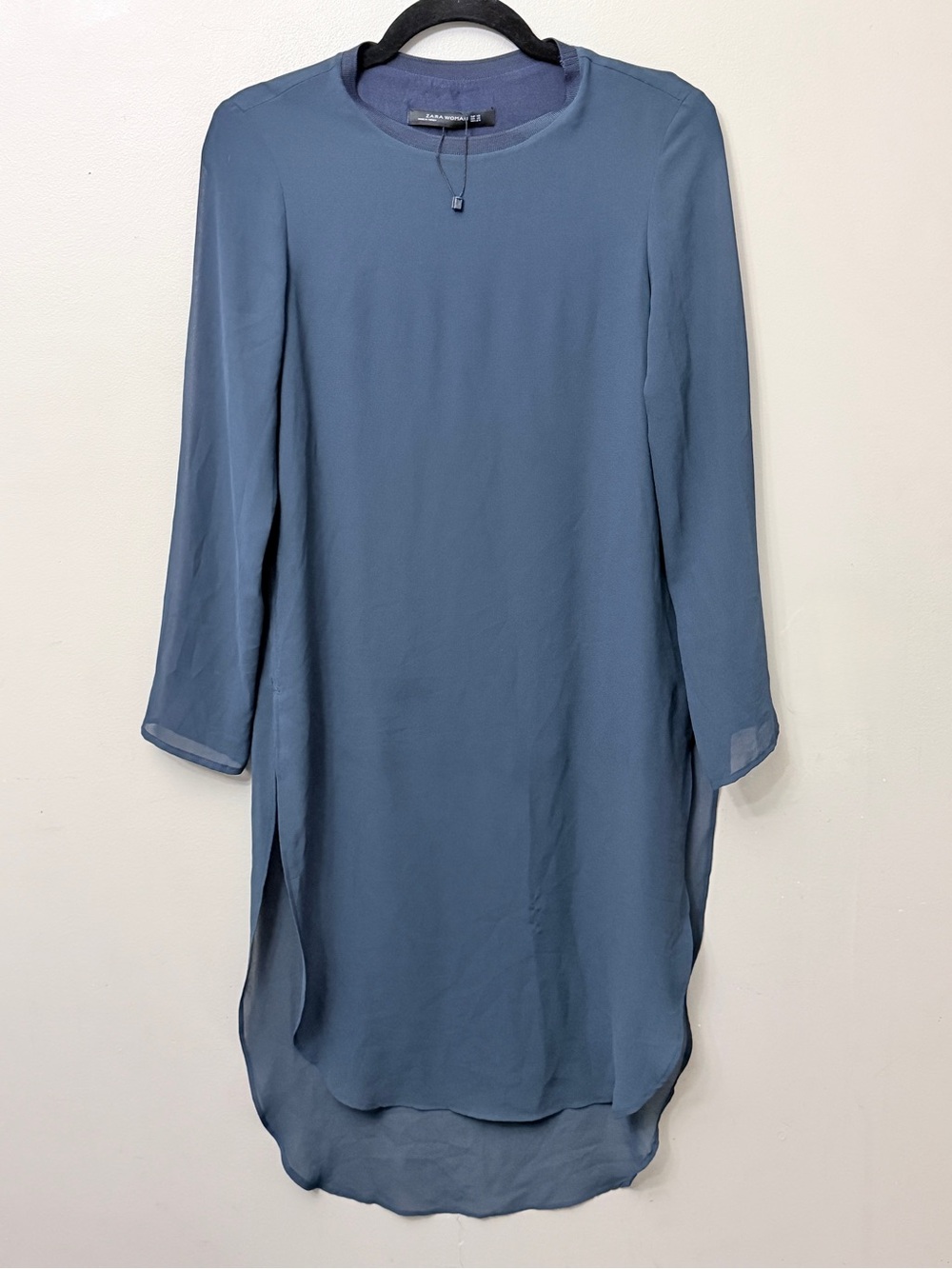 Zara Long Sleeve Tunic Blue Dress Side Slits Size XS